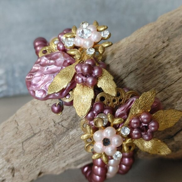 Cuff Beaded Bracelet Vintage Pink Gold Floral Beaded Rhinestones Faux Pearl - Picture 16 of 16